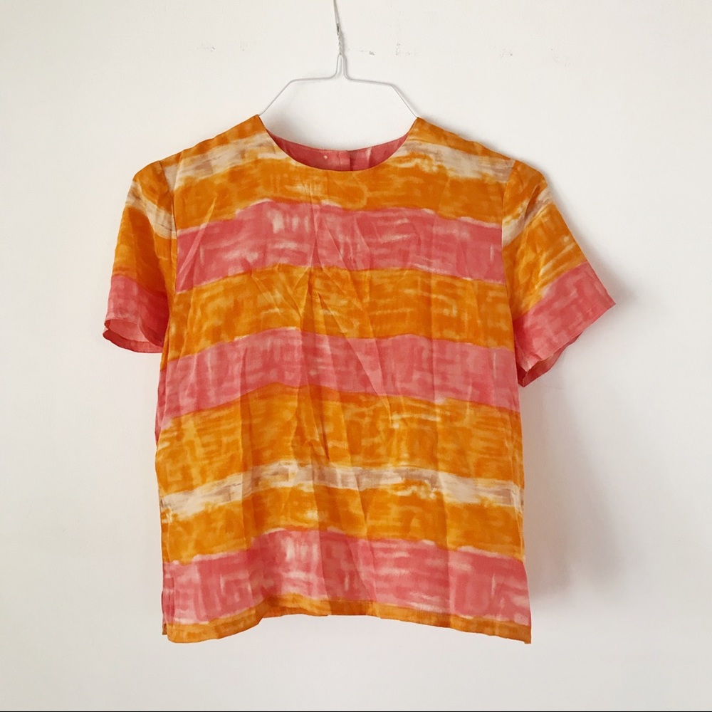 Vintage 100% silk orange pink tie dye blouse S M